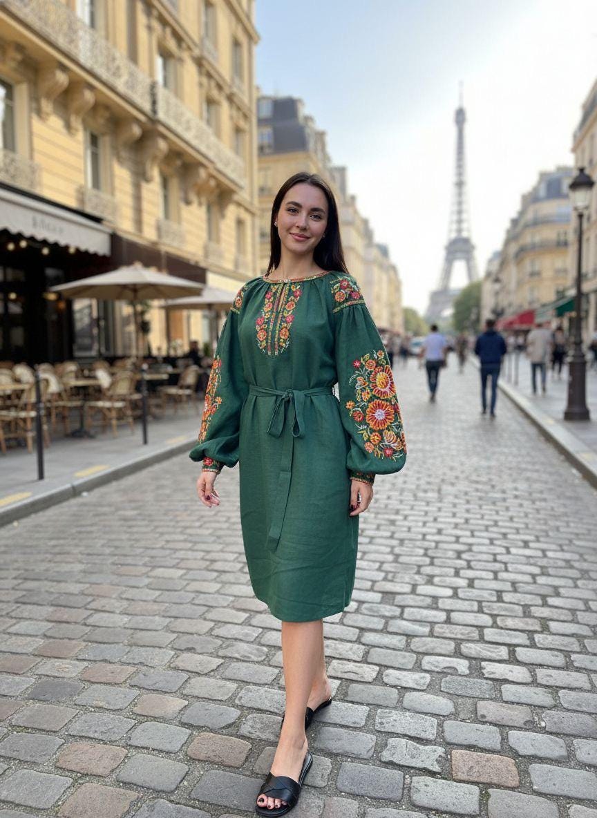 Green Linen Midi Dress, Embroidered Vyshyvanka, Boho Knee Length Robe, Floral Peasant Tunic