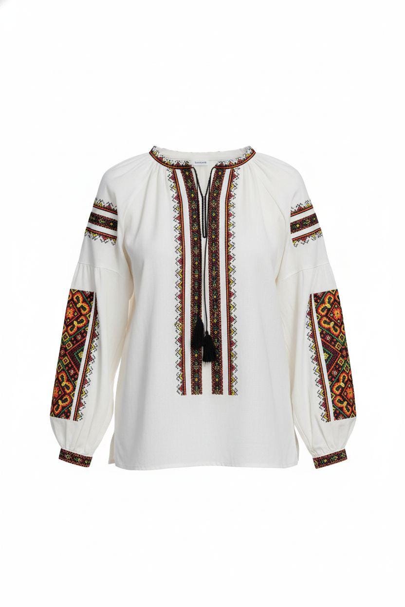 Matching Couple Outfit, Linen Blend Blouse, Geometric Vyshyvanka, Boho Folk Top