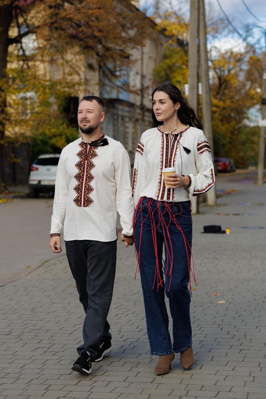 Matching Couple Outfit, Linen Blend Blouse, Geometric Vyshyvanka, Boho Folk Top