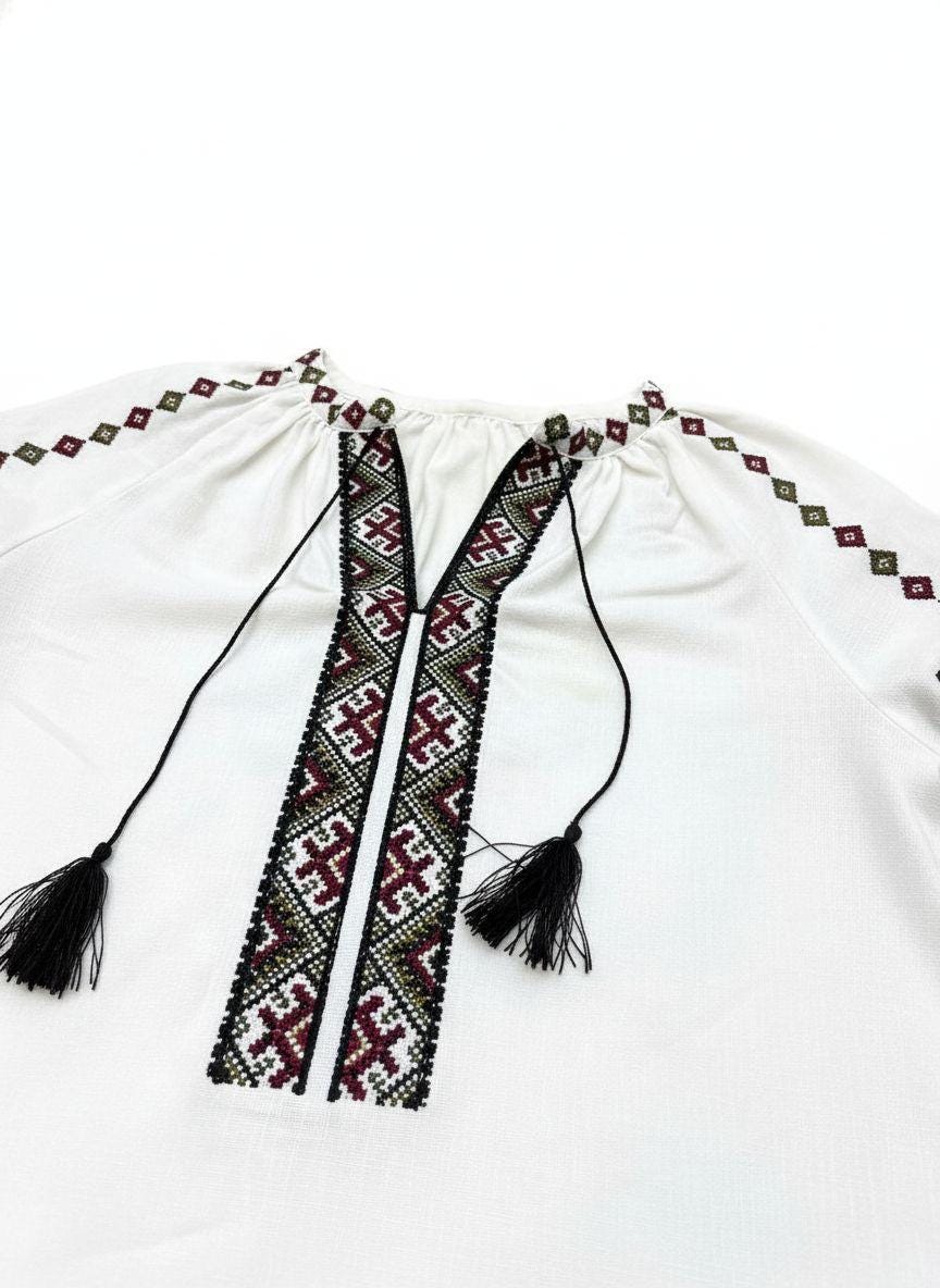 White Linen Viscose Blouse Geometric Magenta Embroidery Ukrainian Vyshyvanka Matching Couple Outfit