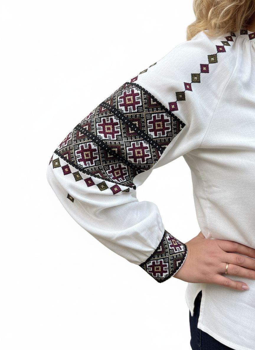 White Linen Viscose Blouse Geometric Magenta Embroidery Ukrainian Vyshyvanka Matching Couple Outfit