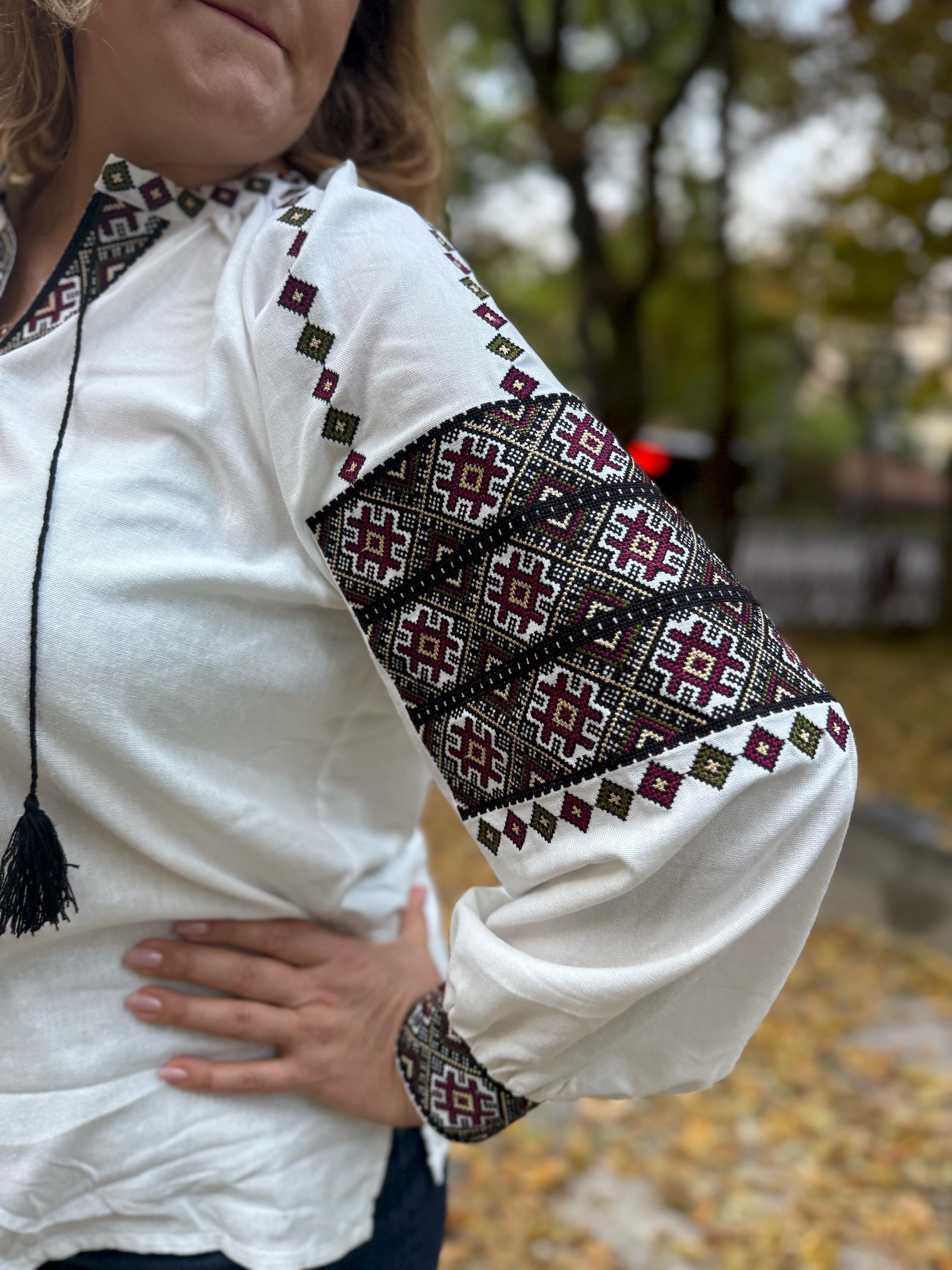 White Linen Viscose Blouse Geometric Magenta Embroidery Ukrainian Vyshyvanka Matching Couple Outfit