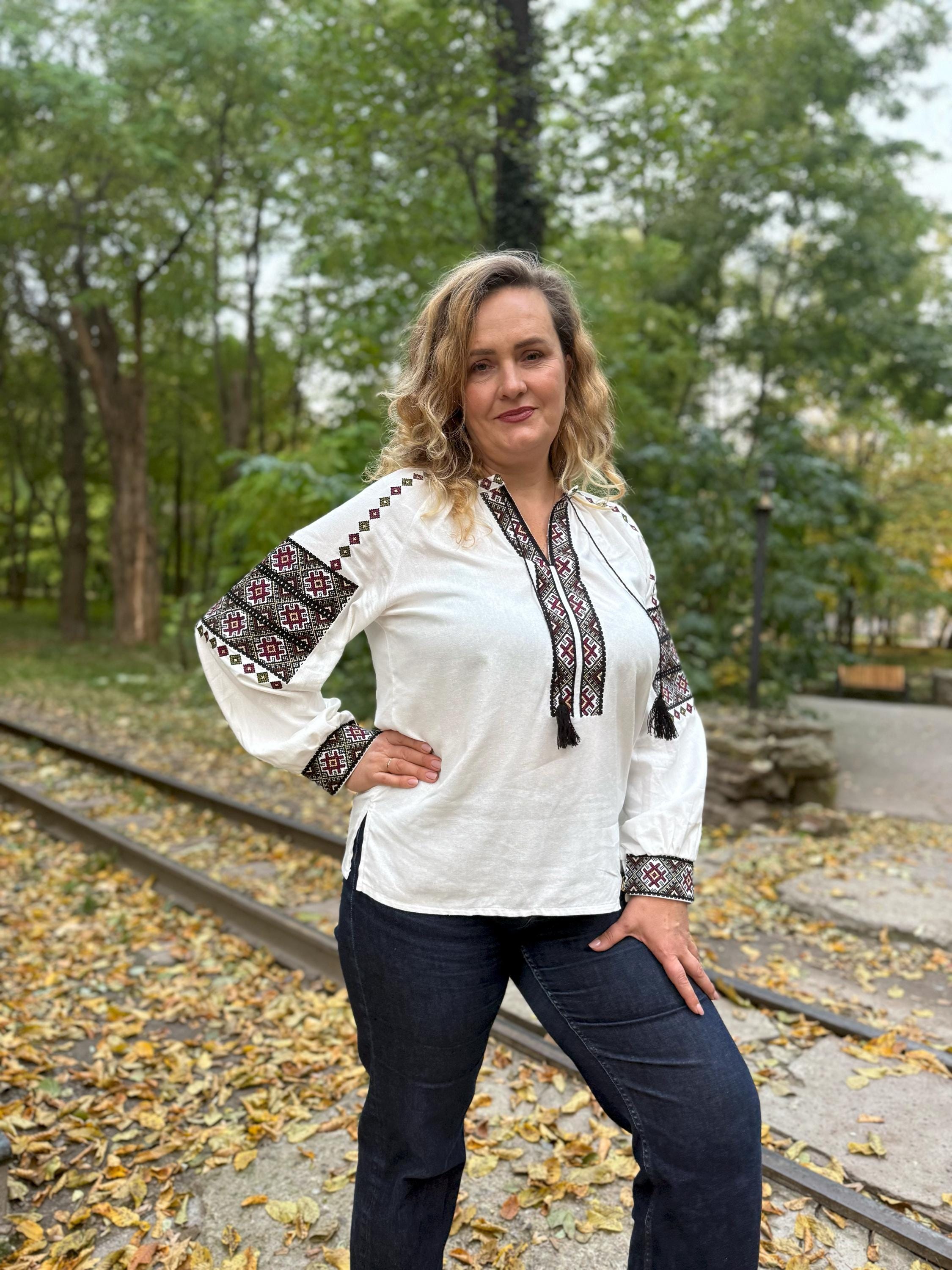 White Linen Viscose Blouse Geometric Magenta Embroidery Ukrainian Vyshyvanka Matching Couple Outfit