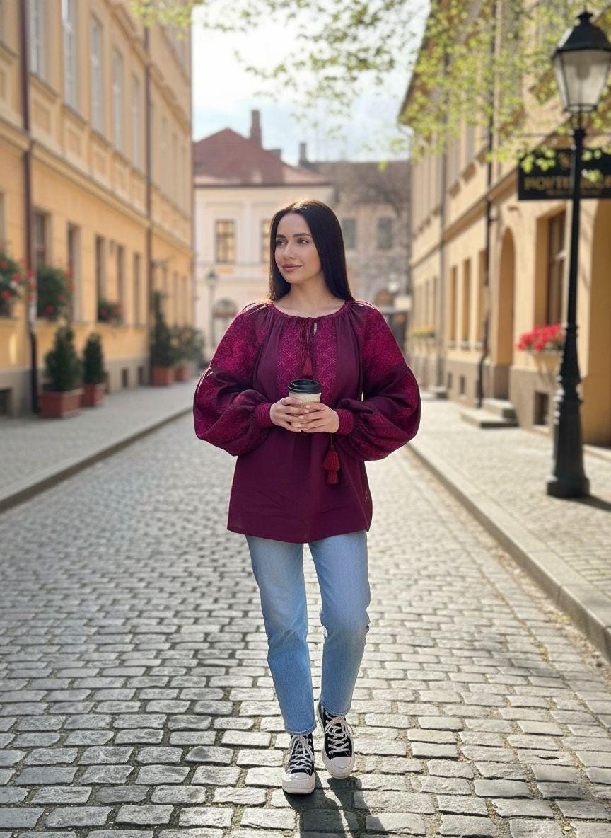 Burgundy Linen Blend Blouse, Tone on Tone Embroidery, Boho Bishop Sleeve Top, Custom Size Vyshyvanka, Elegant Folk Tunic, Wine Red Shirt