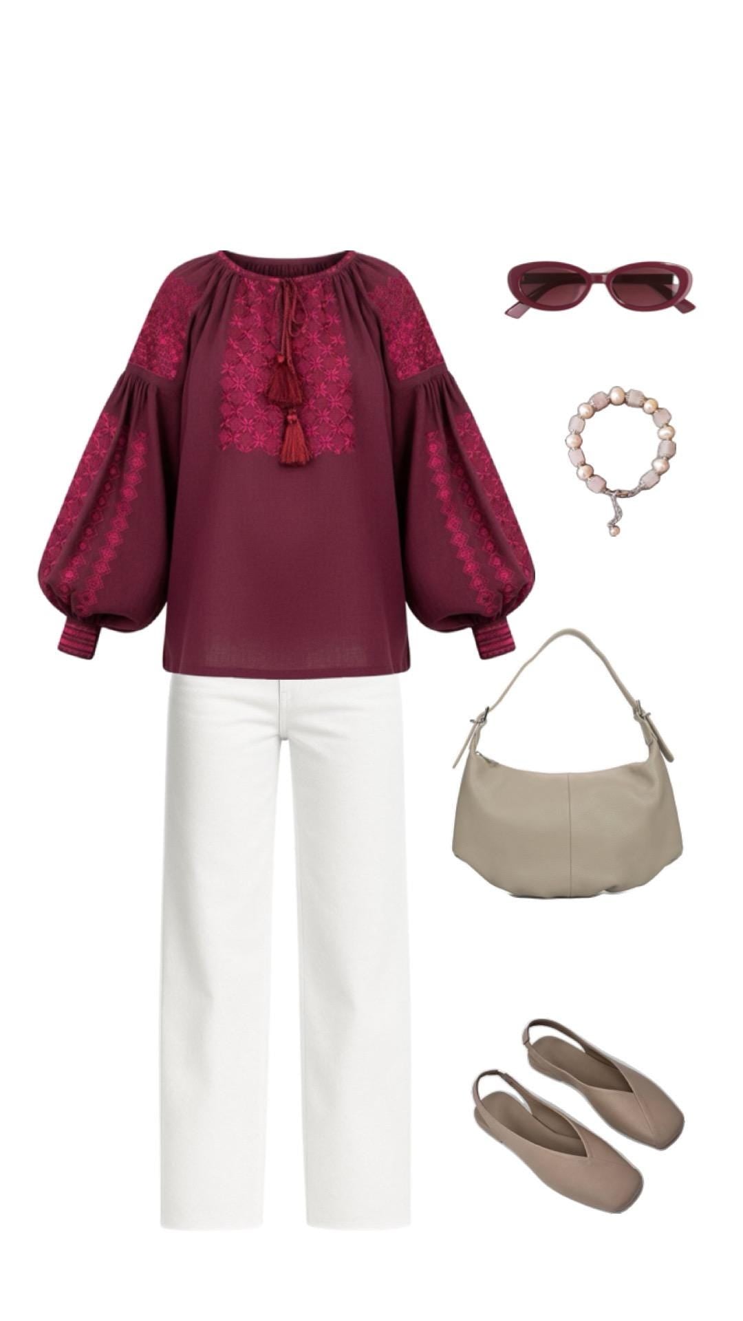 Burgundy Linen Blend Blouse, Tone on Tone Embroidery, Boho Bishop Sleeve Top, Custom Size Vyshyvanka, Elegant Folk Tunic, Wine Red Shirt