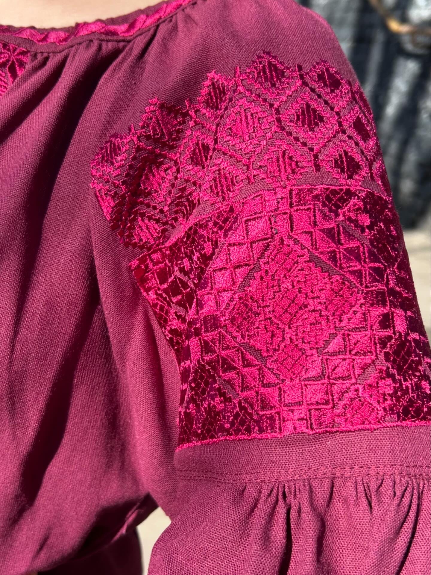Burgundy Linen Blend Blouse, Tone on Tone Embroidery, Boho Bishop Sleeve Top, Custom Size Vyshyvanka, Elegant Folk Tunic, Wine Red Shirt