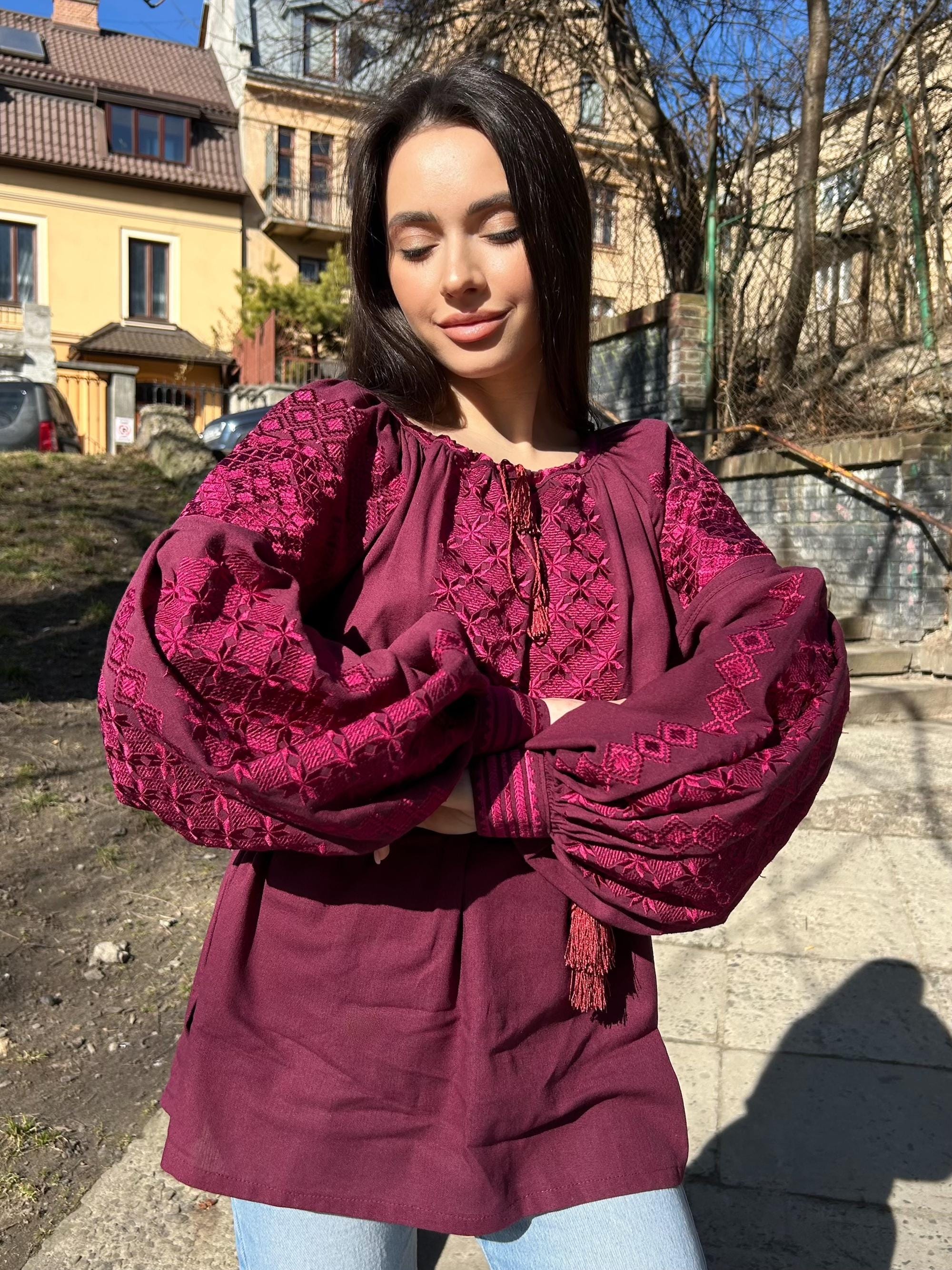 Burgundy Linen Blend Blouse, Tone on Tone Embroidery, Boho Bishop Sleeve Top, Custom Size Vyshyvanka, Elegant Folk Tunic, Wine Red Shirt