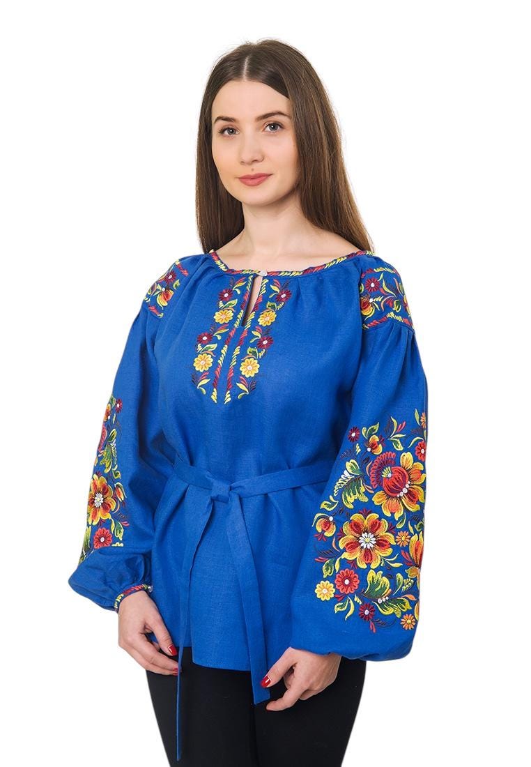 Electric Blue Linen Blouse, Petrykivka Floral Boho Top, Ukrainian Embroidered Shirt, Folk Peasant Tunic, Artisan Made Gift, Custom Fit