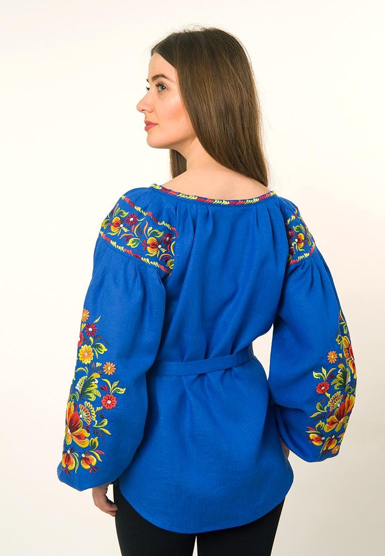 Electric Blue Linen Blouse, Petrykivka Floral Boho Top, Ukrainian Embroidered Shirt, Folk Peasant Tunic, Artisan Made Gift, Custom Fit