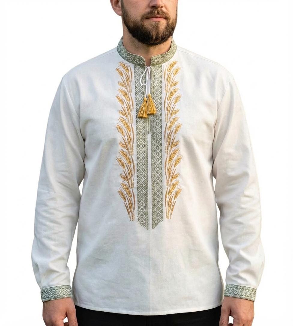Embroidered Men’s Shirt – Ukrainian Vyshyvanka with Wheat Symbol and Folk Patterns