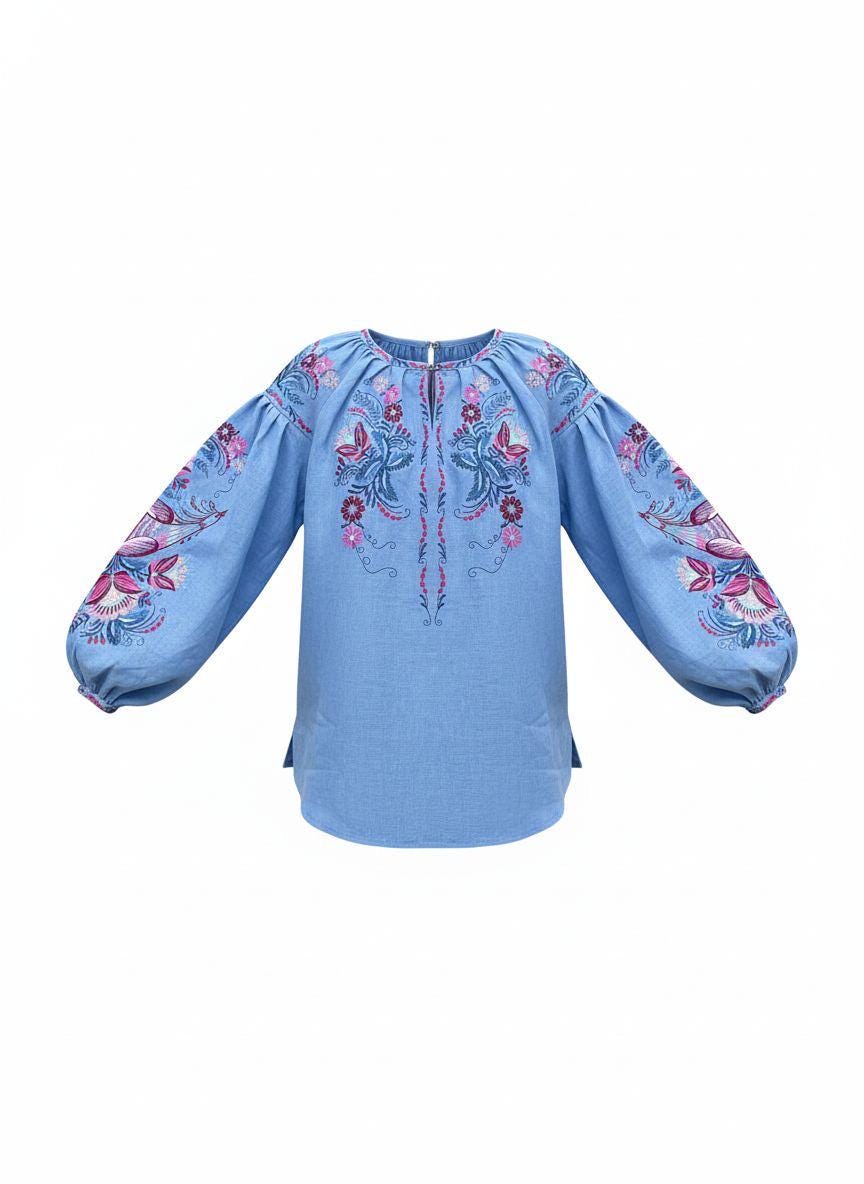 Blue Linen Vyshyvanka, Petrykivka Floral Boho Top, Ukrainian Embroidered Blouse, Folk Peasant Shirt,