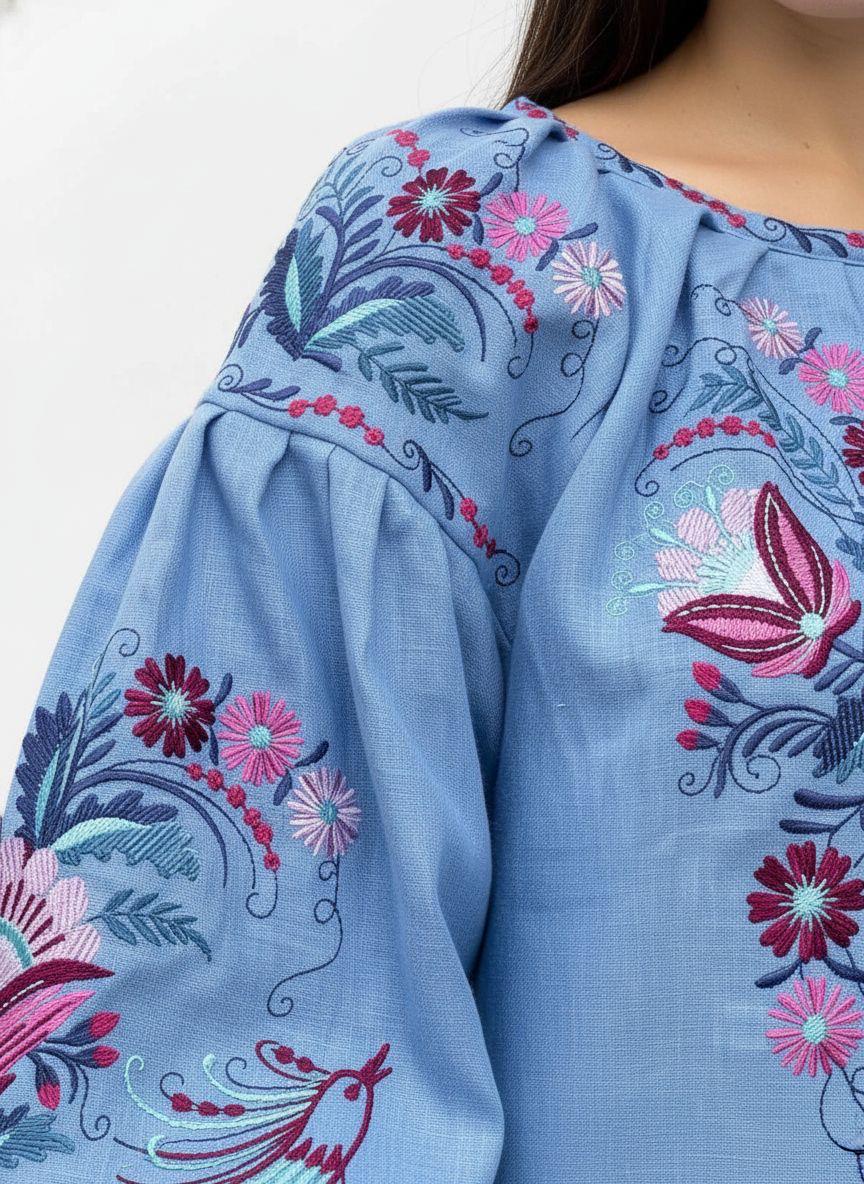 Blue Linen Vyshyvanka, Petrykivka Floral Boho Top, Ukrainian Embroidered Blouse, Folk Peasant Shirt,