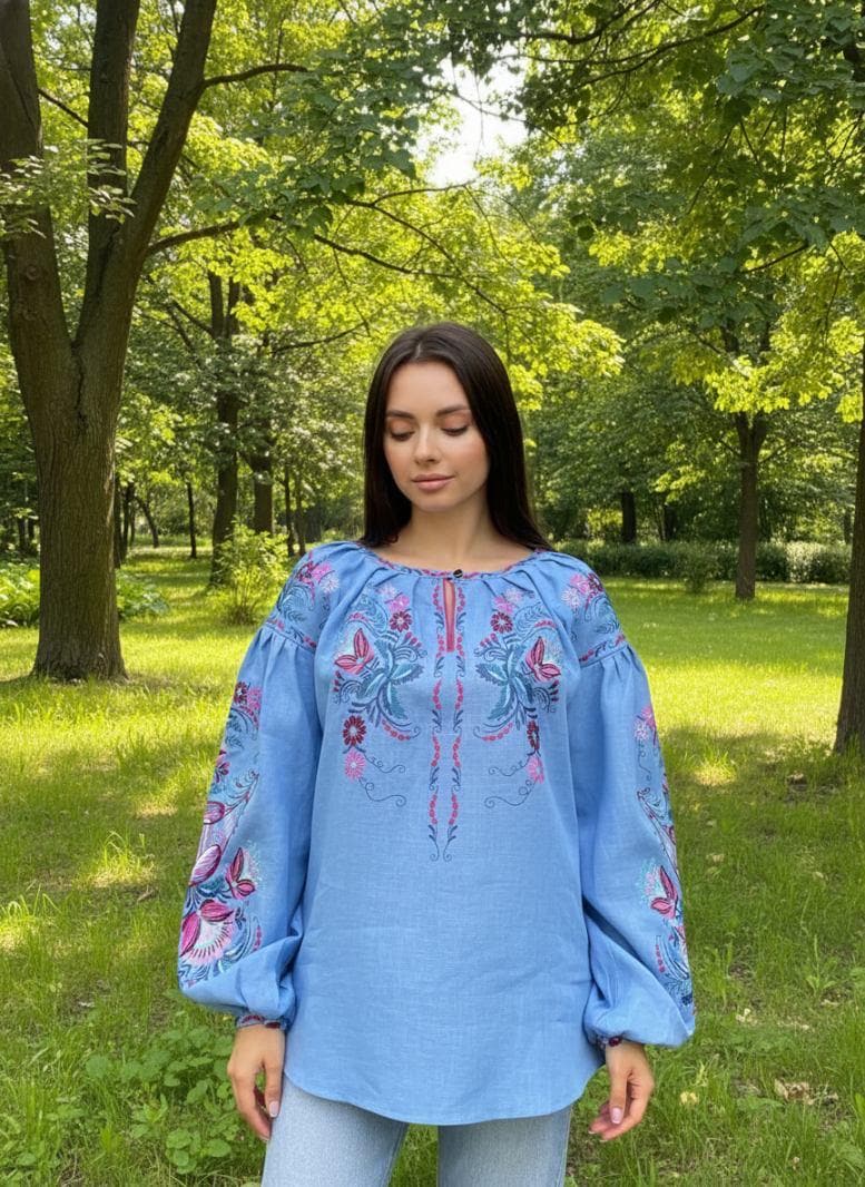 Blue Linen Vyshyvanka, Petrykivka Floral Boho Top, Ukrainian Embroidered Blouse, Folk Peasant Shirt,