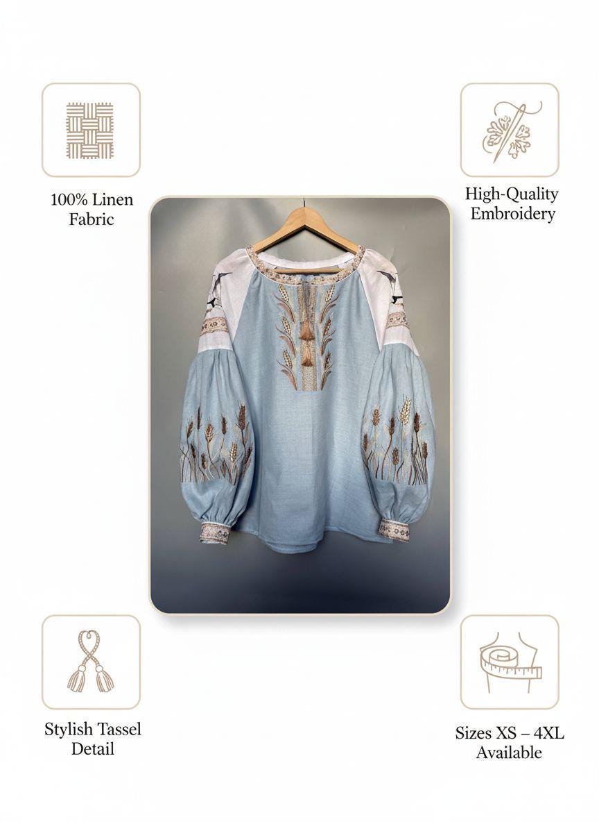Custom Linen Blouse, Wheat Ear Embroidery, Blue White Boho Top, Ukrainian Vyshyvanka, Folk Peasant Tunic, Plus Size Shirt, Personalized Gift