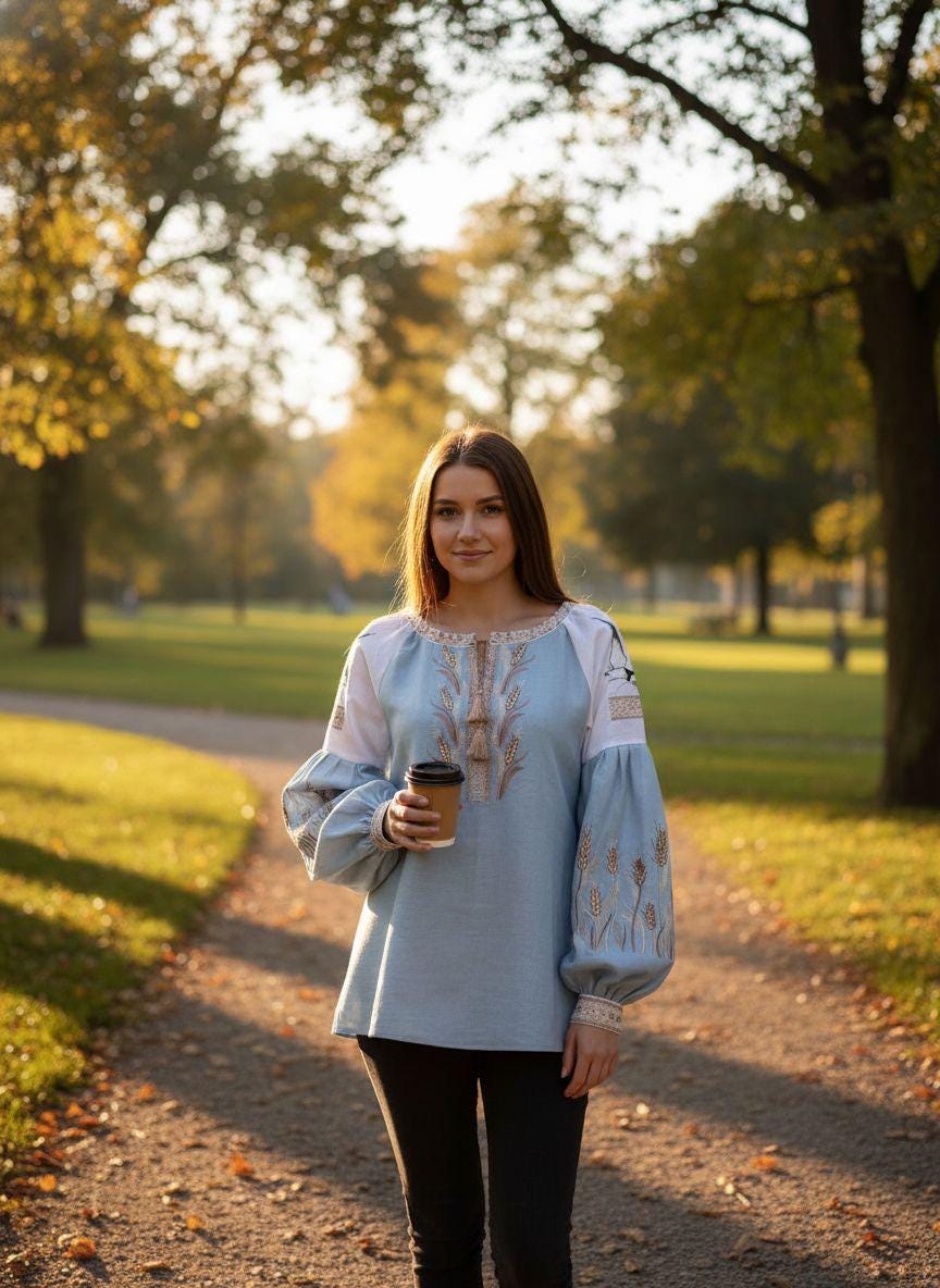 Custom Linen Blouse, Wheat Ear Embroidery, Blue White Boho Top, Ukrainian Vyshyvanka, Folk Peasant Tunic, Plus Size Shirt, Personalized Gift