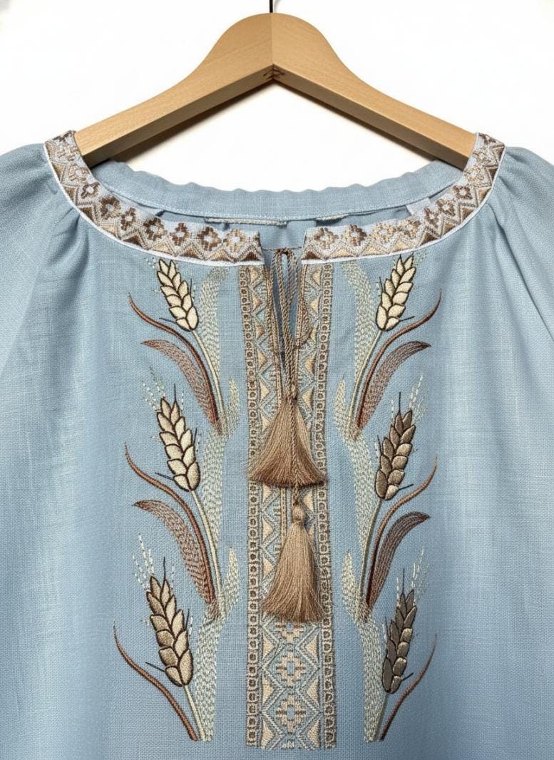 Custom Linen Blouse, Wheat Ear Embroidery, Blue White Boho Top, Ukrainian Vyshyvanka, Folk Peasant Tunic, Plus Size Shirt, Personalized Gift