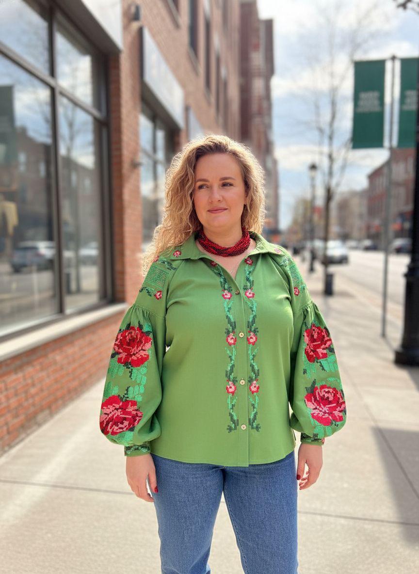 Handcrafted Floral Shirt, Green Boho Top with Roses, Custom Linen Blouse, Premium Embroidered Vyshyvanka, Summer Folk Tunic, Gift for Her