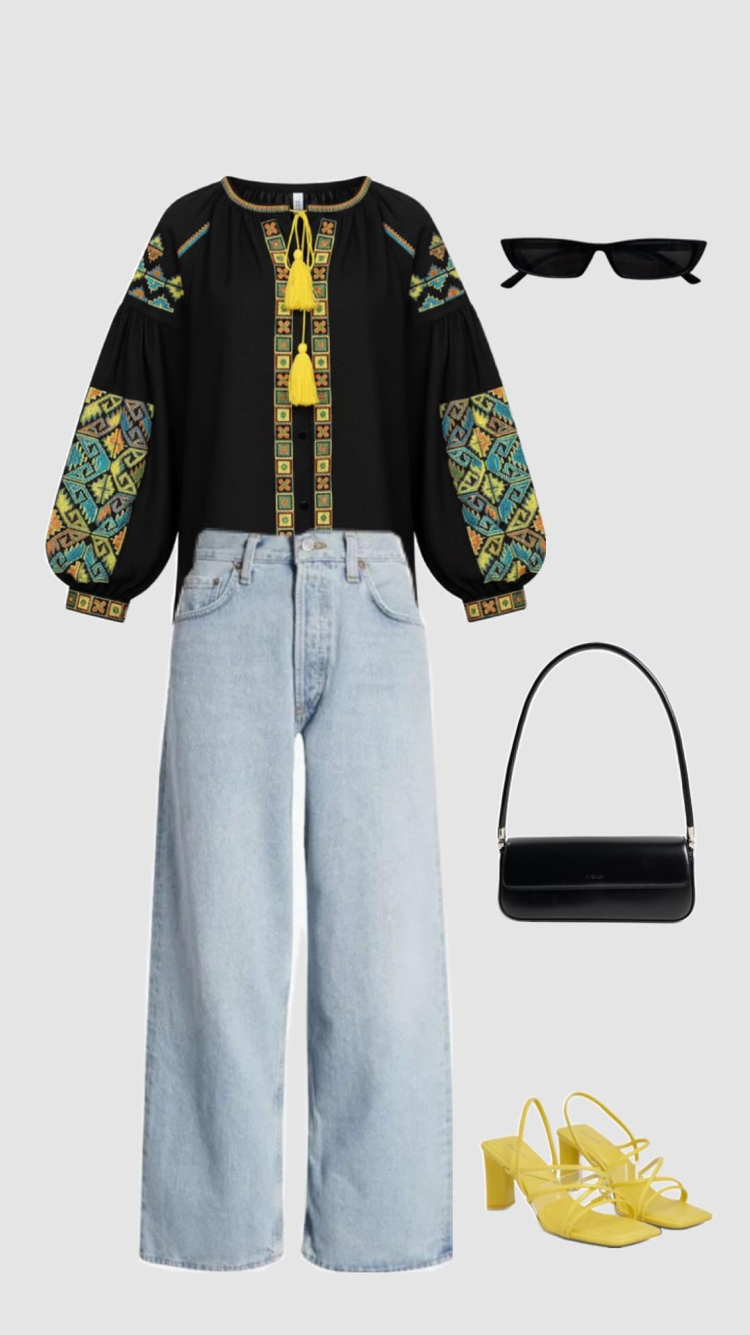 Black Linen Viscose Blouse, Geometric Boho Top, Yellow Tassels, Eco Gift Packaging, Plantable Tag, Custom Size Shirt, Ukrainian Vyshyvanka