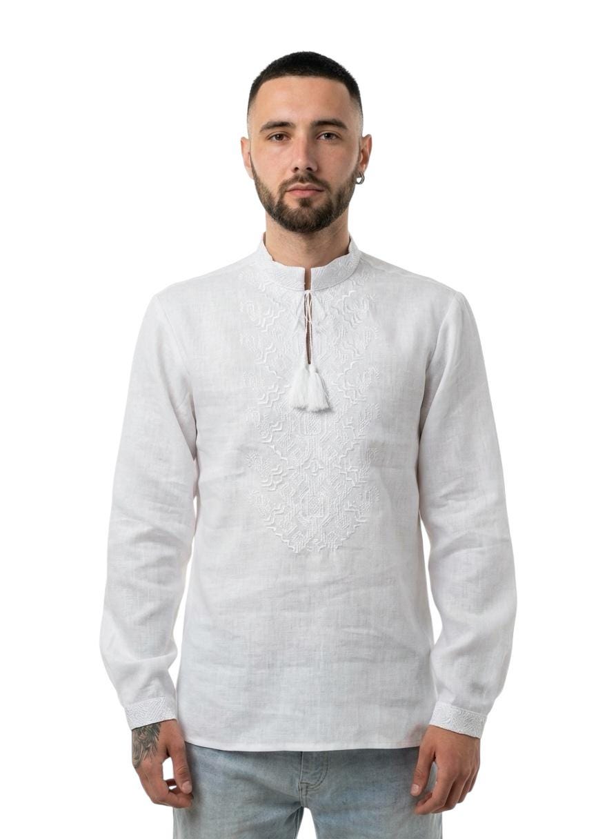 White on White Linen Shirt Men, Tone on Tone Embroidery, Groom Wedding Outfit, Custom Size Tunic, Minimalist Boho Top, Big and Tall Friendly