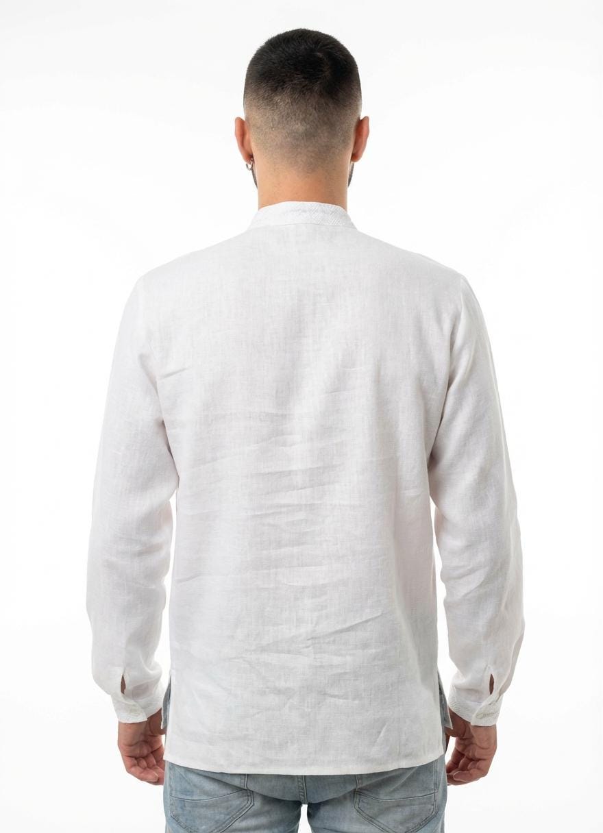 White on White Linen Shirt Men, Tone on Tone Embroidery, Groom Wedding Outfit, Custom Size Tunic, Minimalist Boho Top, Big and Tall Friendly