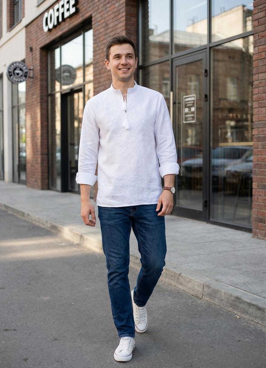 White on White Linen Shirt Men, Tone on Tone Embroidery, Groom Wedding Outfit, Custom Size Tunic, Minimalist Boho Top, Big and Tall Friendly