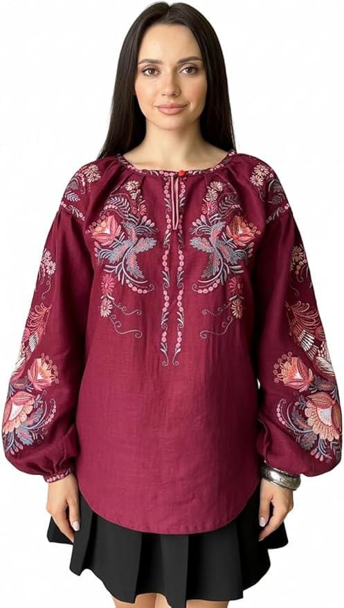 Burgundy Linen Vyshyvanka Blouse | Embroidered Ukrainian Shirt | Petrikivka Floral Embroidery