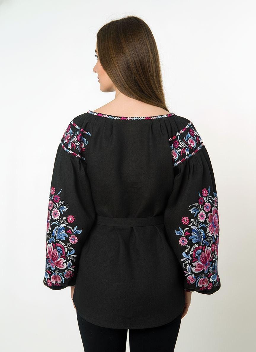 Handcrafted Linen Top, Black Boho Shirt, Pink Floral Embroidery, Ukrainian Blouse, Festival Outfit, Personalized Gift