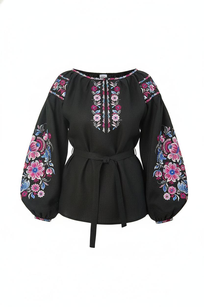 Handcrafted Linen Top, Black Boho Shirt, Pink Floral Embroidery, Ukrainian Blouse, Festival Outfit, Personalized Gift