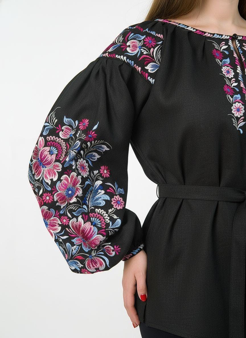 Handcrafted Linen Top, Black Boho Shirt, Pink Floral Embroidery, Ukrainian Blouse, Festival Outfit, Personalized Gift