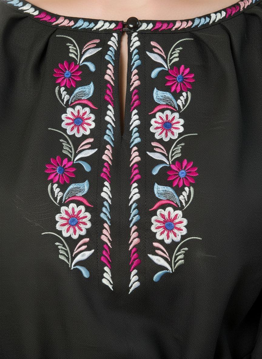 Handcrafted Linen Top, Black Boho Shirt, Pink Floral Embroidery, Ukrainian Blouse, Festival Outfit, Personalized Gift