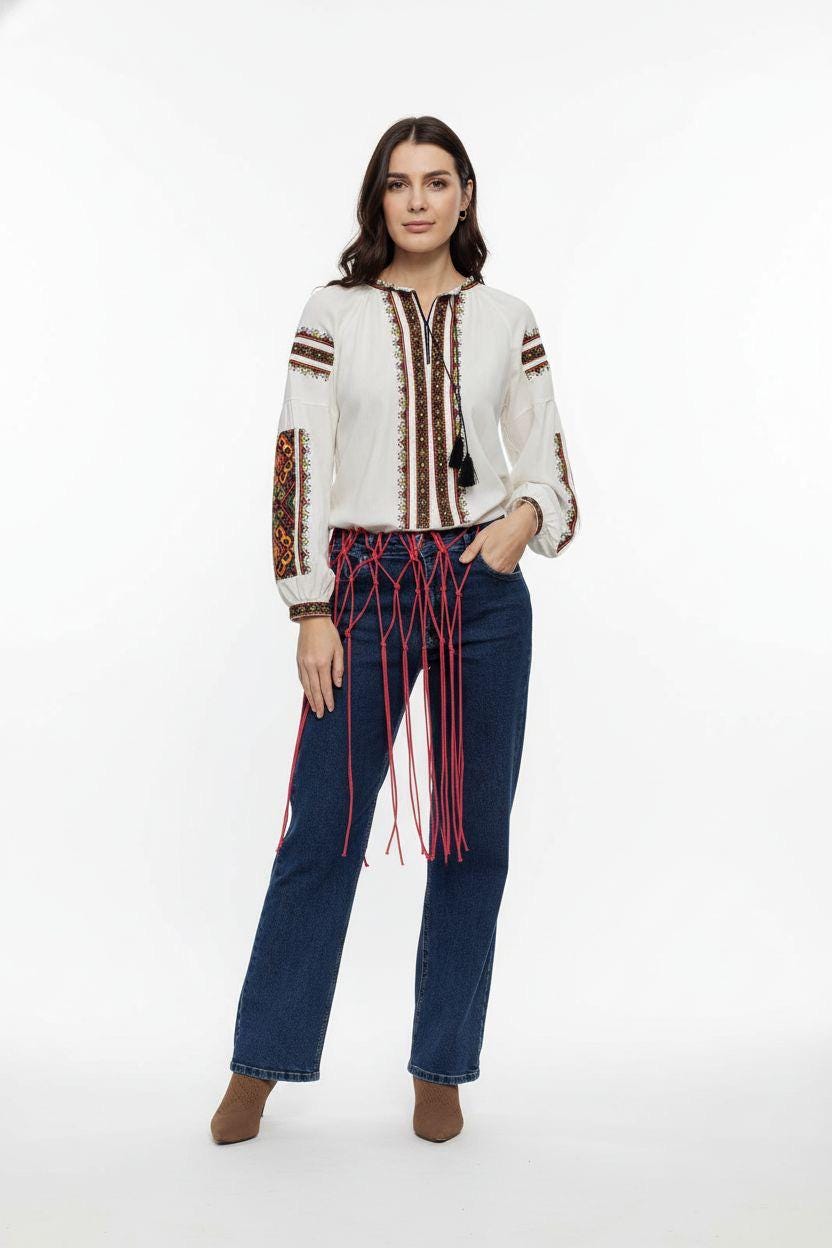 Matching Couple Outfit, Linen Blend Blouse, Geometric Vyshyvanka, Boho Folk Top