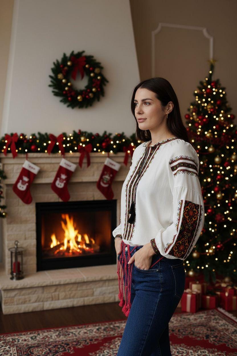 Matching Couple Outfit, Linen Blend Blouse, Geometric Vyshyvanka, Boho Folk Top