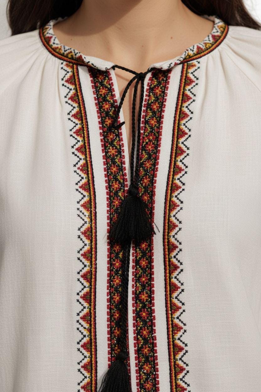 Matching Couple Outfit, Linen Blend Blouse, Geometric Vyshyvanka, Boho Folk Top