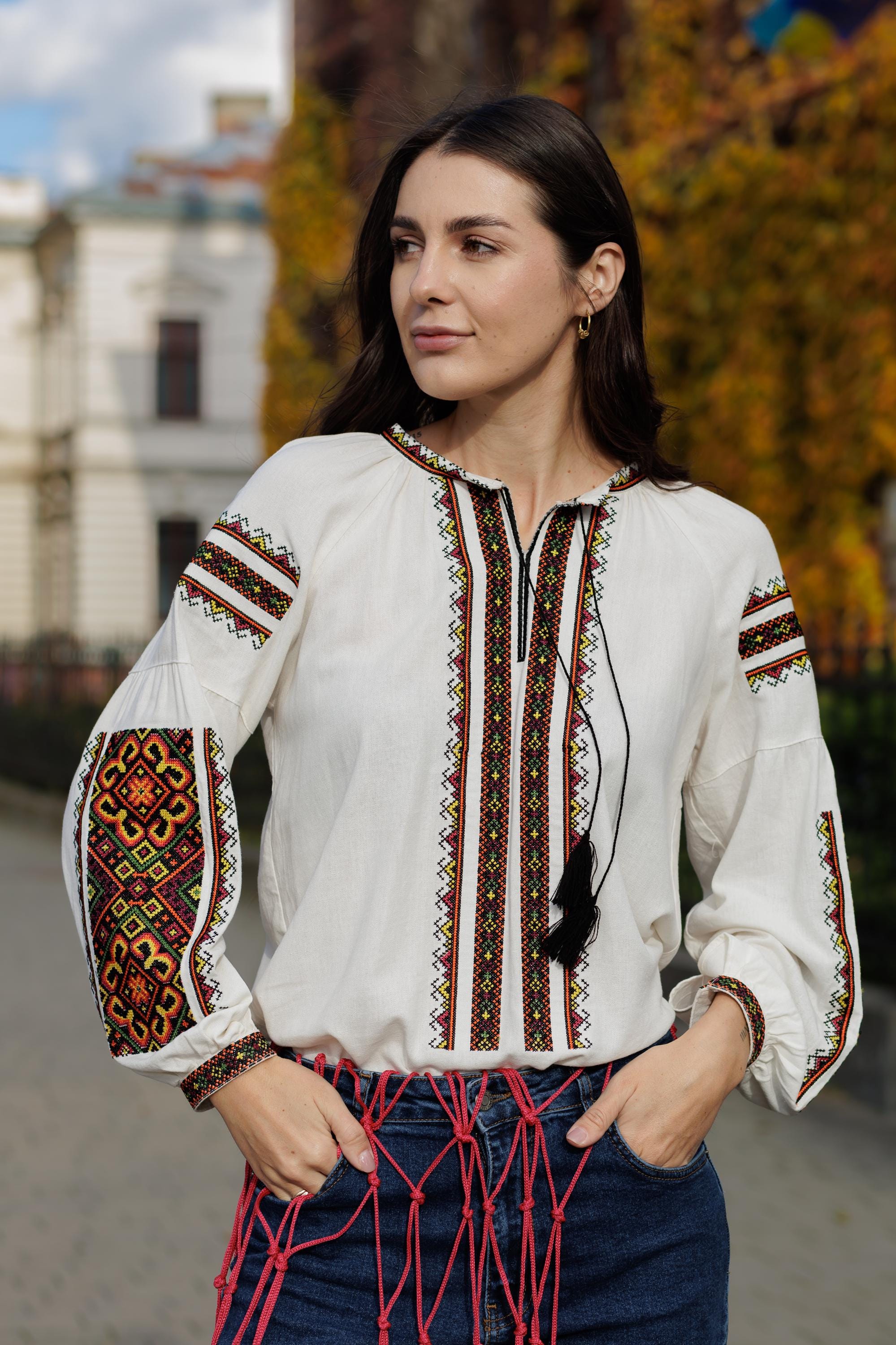 Matching Couple Outfit, Linen Blend Blouse, Geometric Vyshyvanka, Boho Folk Top