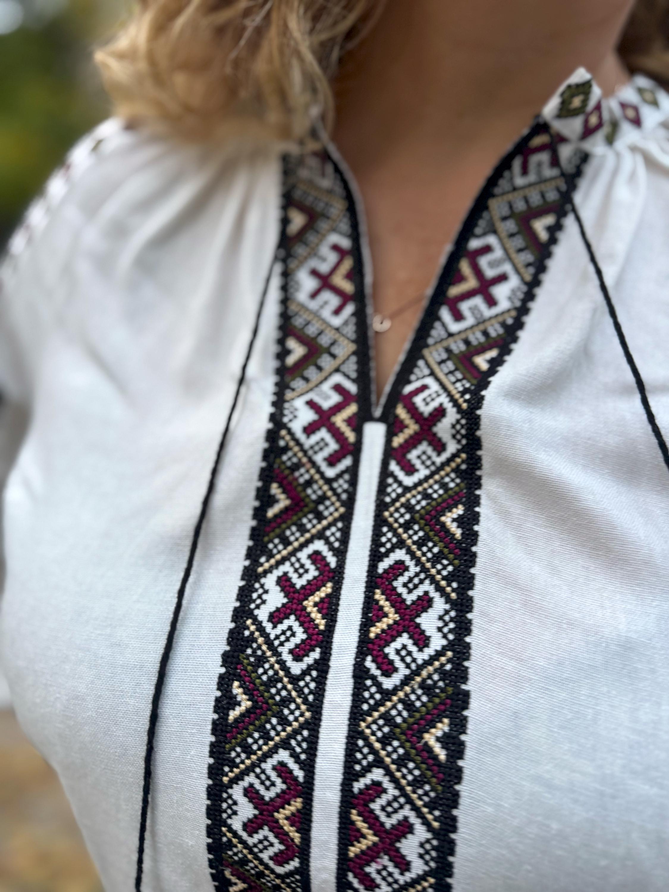 White Linen Viscose Blouse Geometric Magenta Embroidery Ukrainian Vyshyvanka Matching Couple Outfit