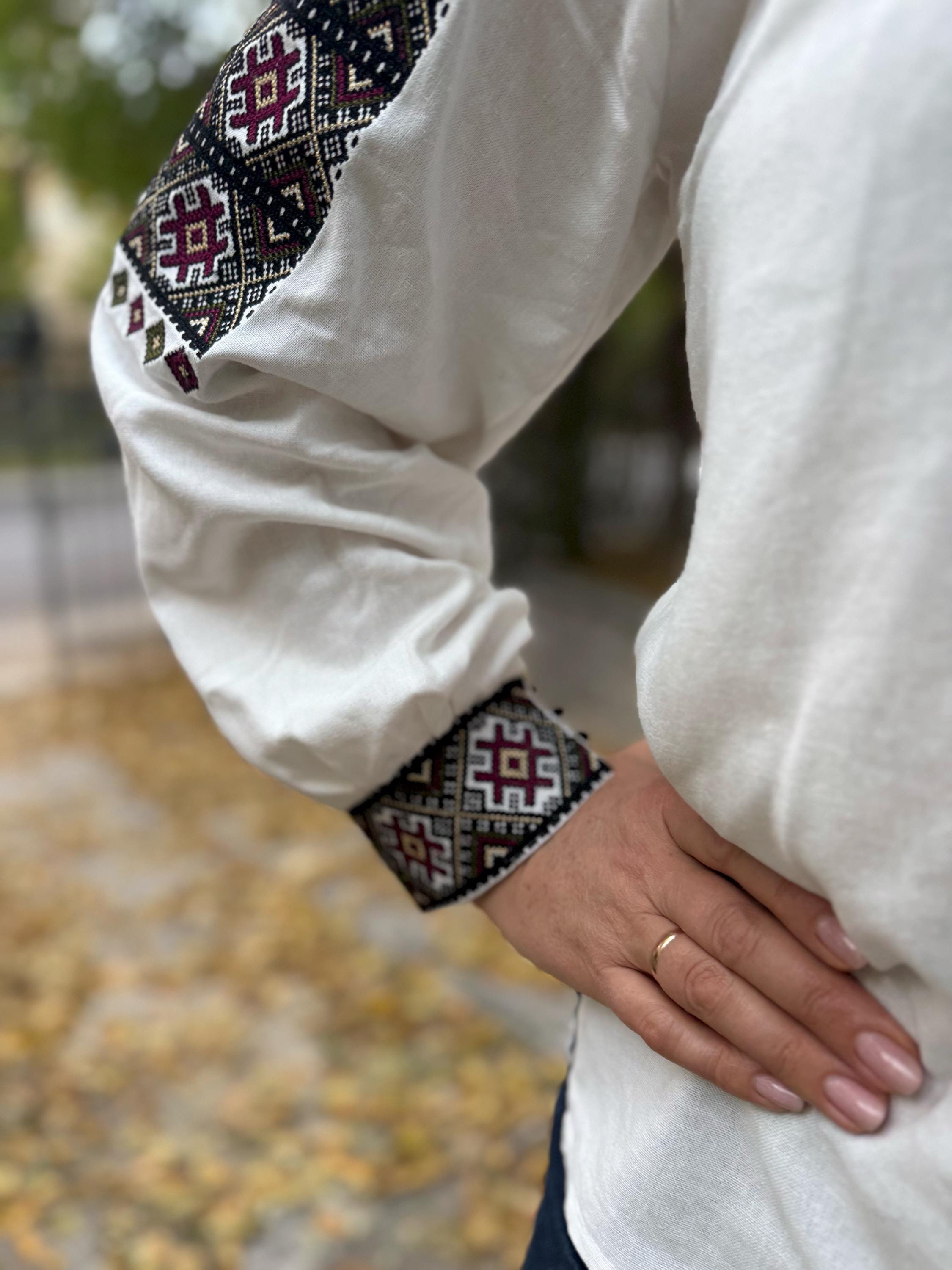 White Linen Viscose Blouse Geometric Magenta Embroidery Ukrainian Vyshyvanka Matching Couple Outfit