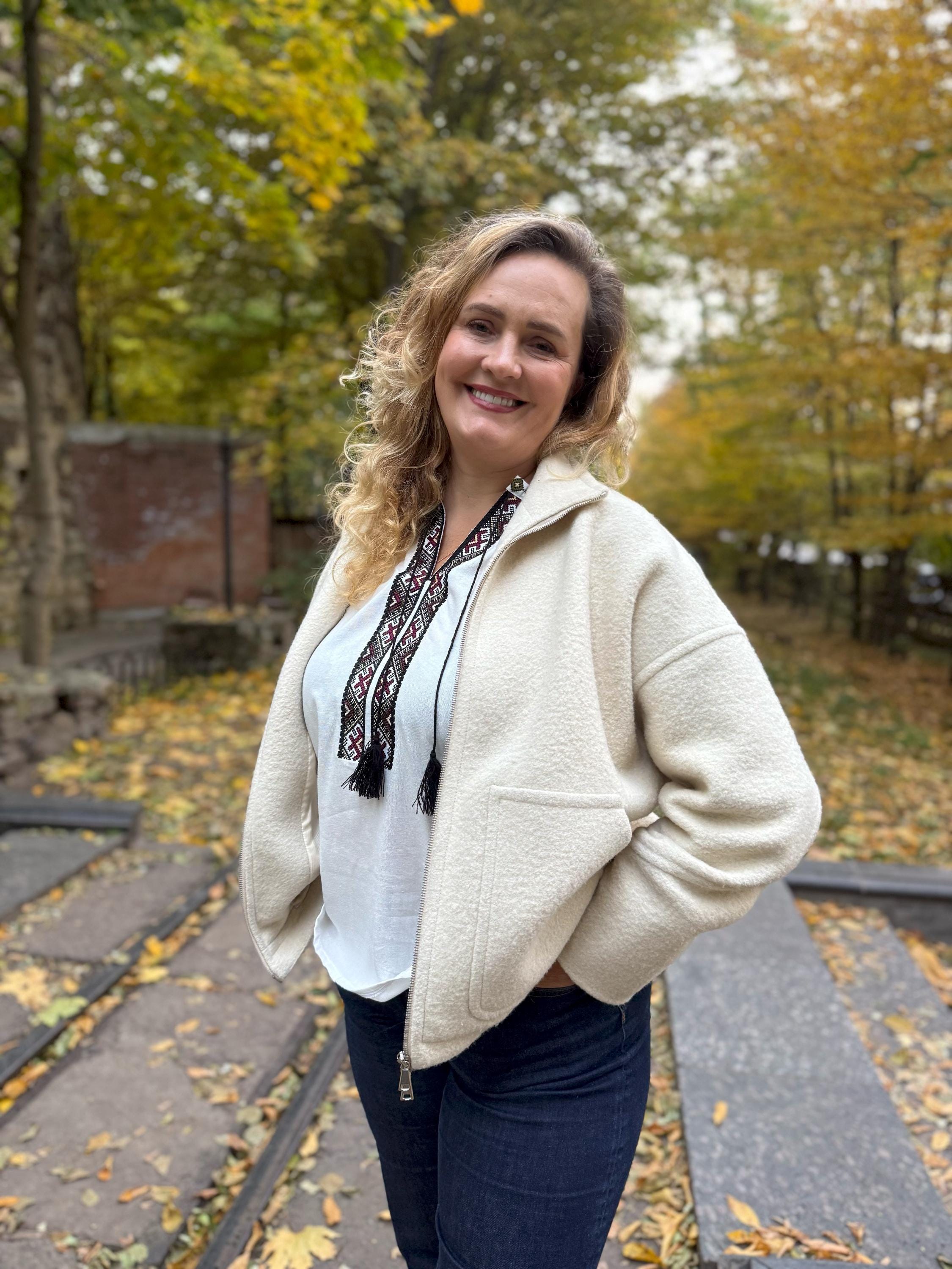 White Linen Viscose Blouse Geometric Magenta Embroidery Ukrainian Vyshyvanka Matching Couple Outfit