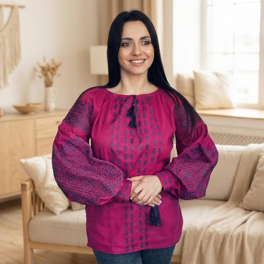 Magenta Ukrainian Vyshyvanka | Pink Linen Blouse with Navy Blue Embroidery | Boho Folk Top | Balloon Sleeve Shirt | Family Look Outfit