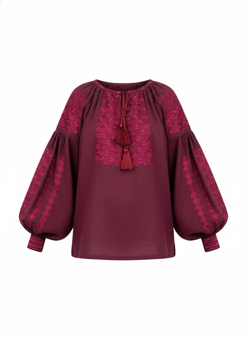 Burgundy Linen Blend Blouse, Tone on Tone Embroidery, Boho Bishop Sleeve Top, Custom Size Vyshyvanka, Elegant Folk Tunic, Wine Red Shirt