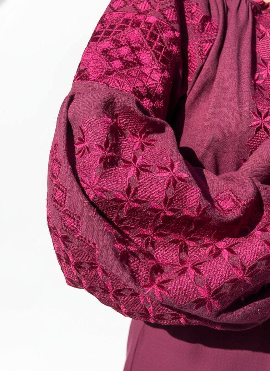 Burgundy Linen Blend Blouse, Tone on Tone Embroidery, Boho Bishop Sleeve Top, Custom Size Vyshyvanka, Elegant Folk Tunic, Wine Red Shirt
