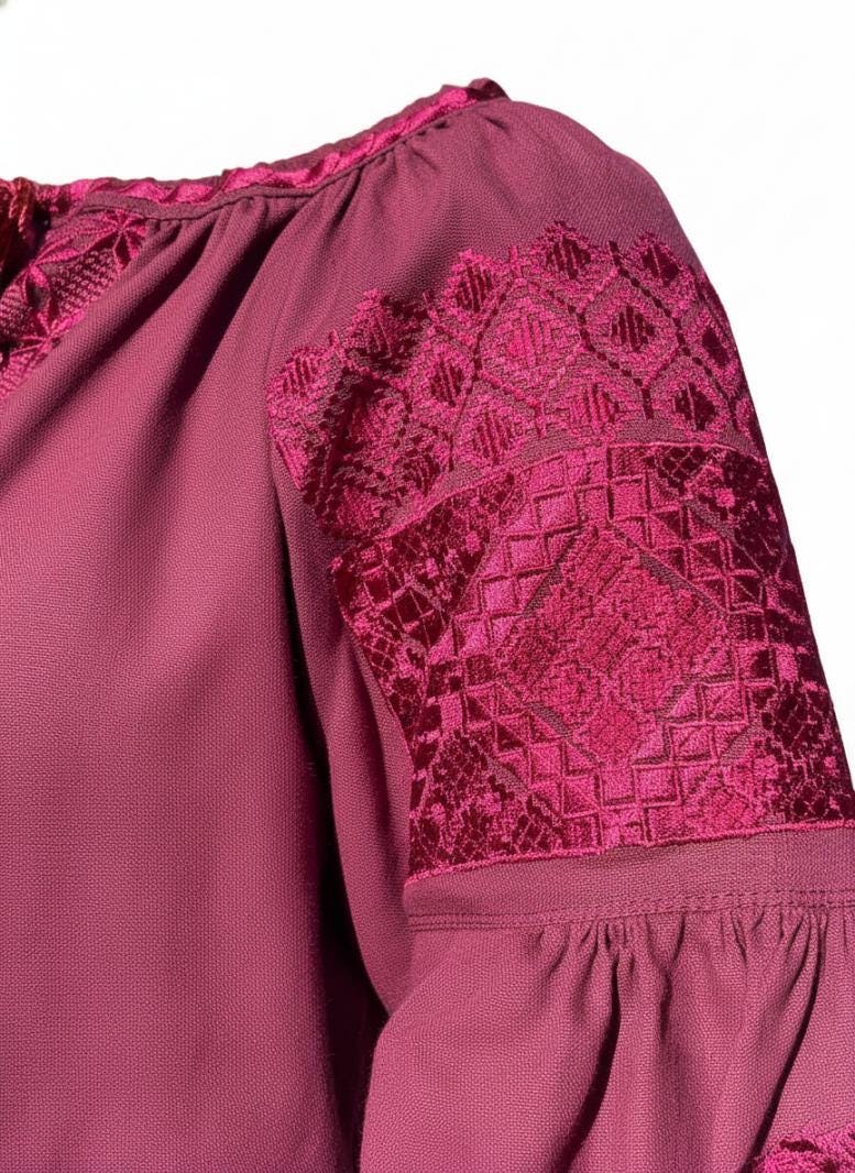 Burgundy Linen Blend Blouse, Tone on Tone Embroidery, Boho Bishop Sleeve Top, Custom Size Vyshyvanka, Elegant Folk Tunic, Wine Red Shirt