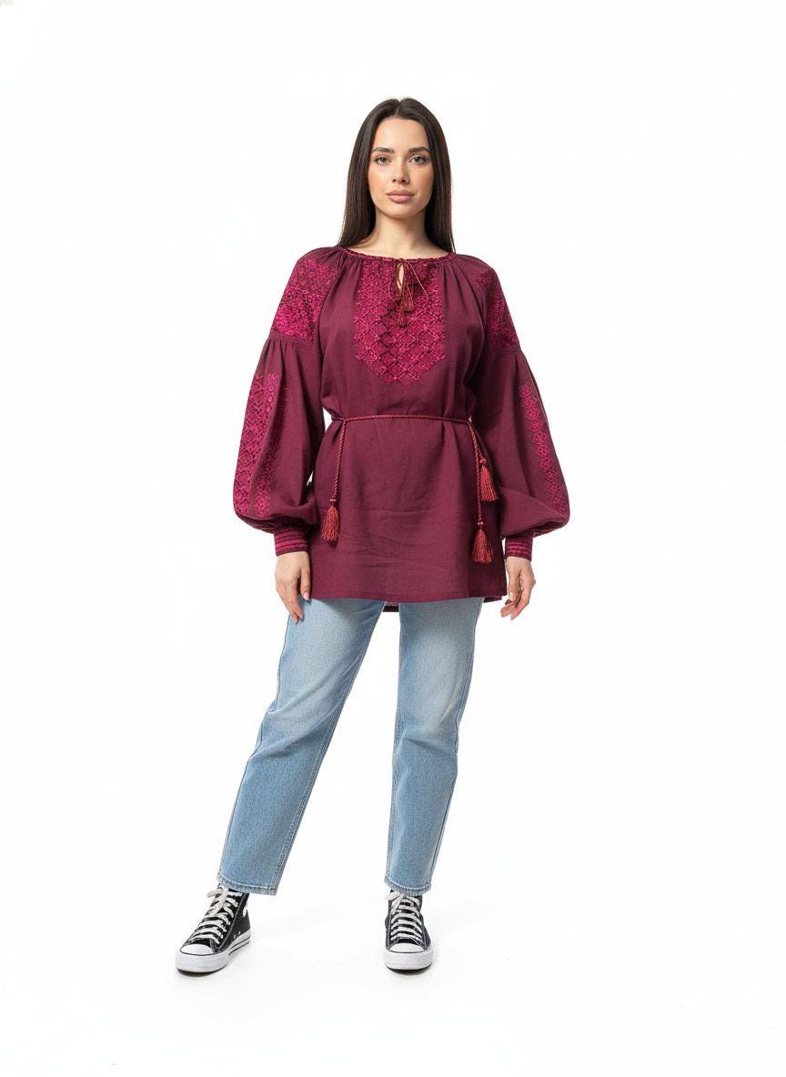 Burgundy Linen Blend Blouse, Tone on Tone Embroidery, Boho Bishop Sleeve Top, Custom Size Vyshyvanka, Elegant Folk Tunic, Wine Red Shirt