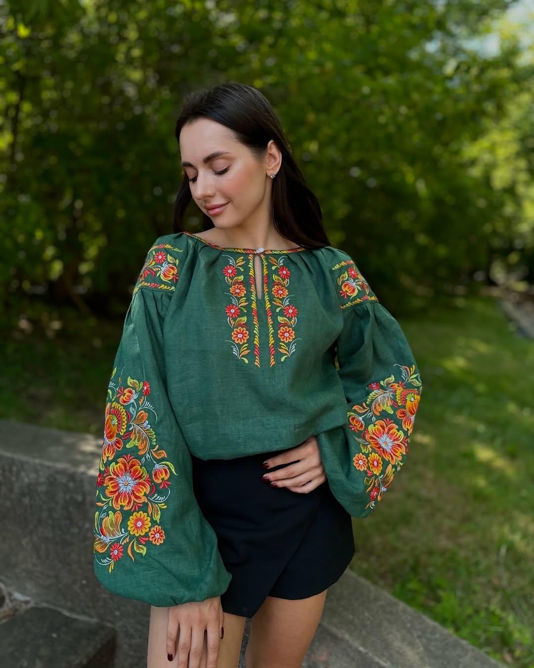 Emerald Green 100% Linen Blouse | Petrykivka Floral Embroidery | Ukrainian Vyshyvanka | Boho Folk Peasant Top | Eco Gift & Family Look