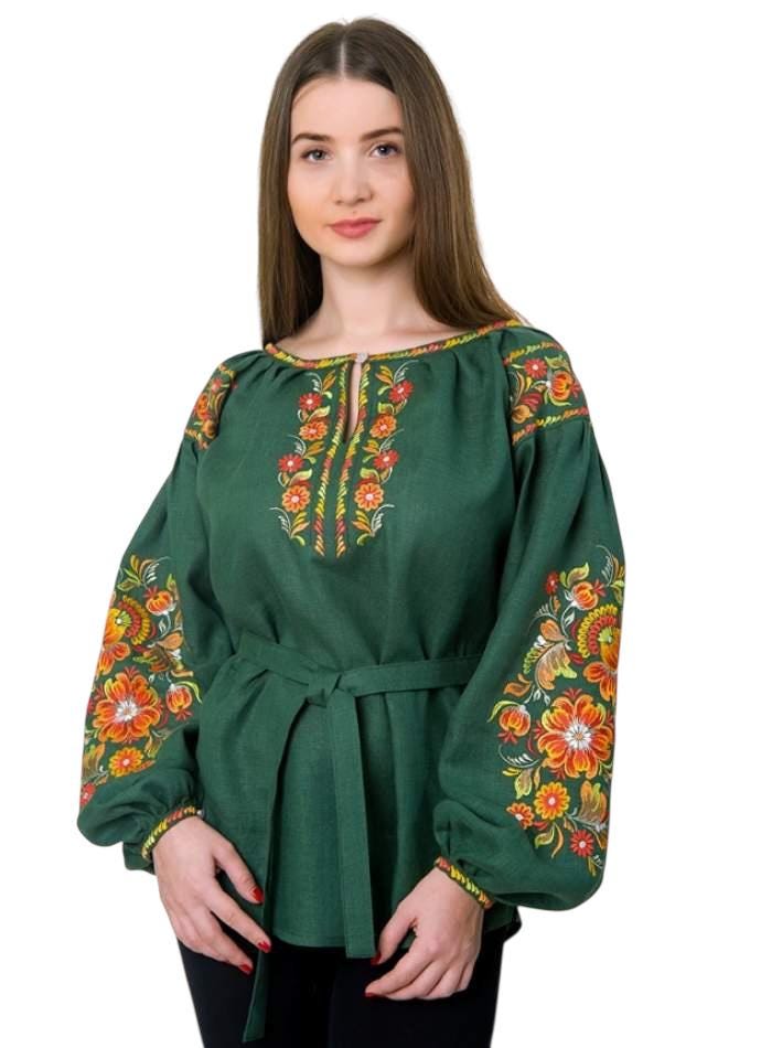 Emerald Green 100% Linen Blouse | Petrykivka Floral Embroidery | Ukrainian Vyshyvanka | Boho Folk Peasant Top | Eco Gift & Family Look
