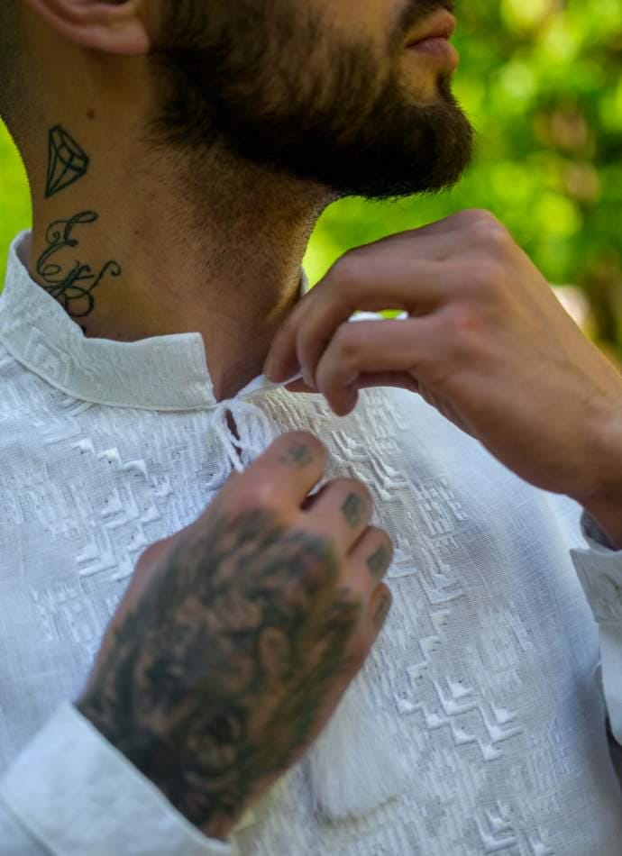 White on White Linen Shirt Men, Tone on Tone Embroidery, Groom Wedding Outfit, Custom Size Tunic, Minimalist Boho Top, Big and Tall Friendly