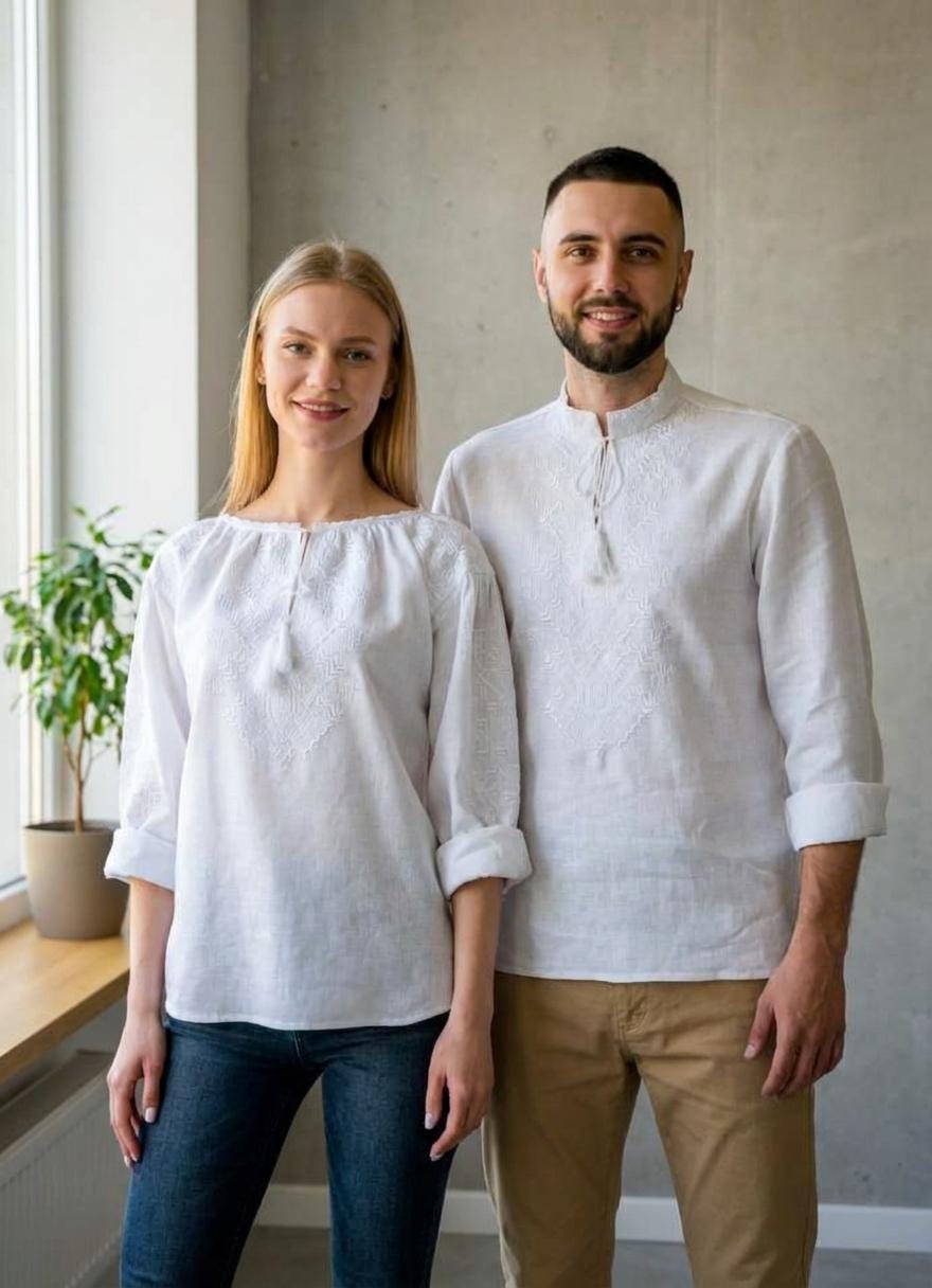 White on White Linen Shirt Men, Tone on Tone Embroidery, Groom Wedding Outfit, Custom Size Tunic, Minimalist Boho Top, Big and Tall Friendly