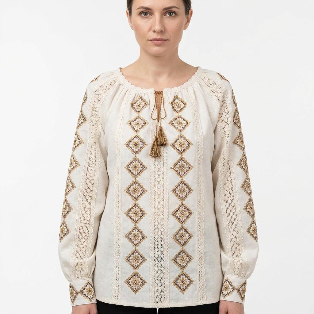 Hand Embroidered Linen Blouse, Beige Geometric Vyshyvanka, Openwork Merezhka Top, Ukrainian Folk Clothing, Custom Size, Gift for Her