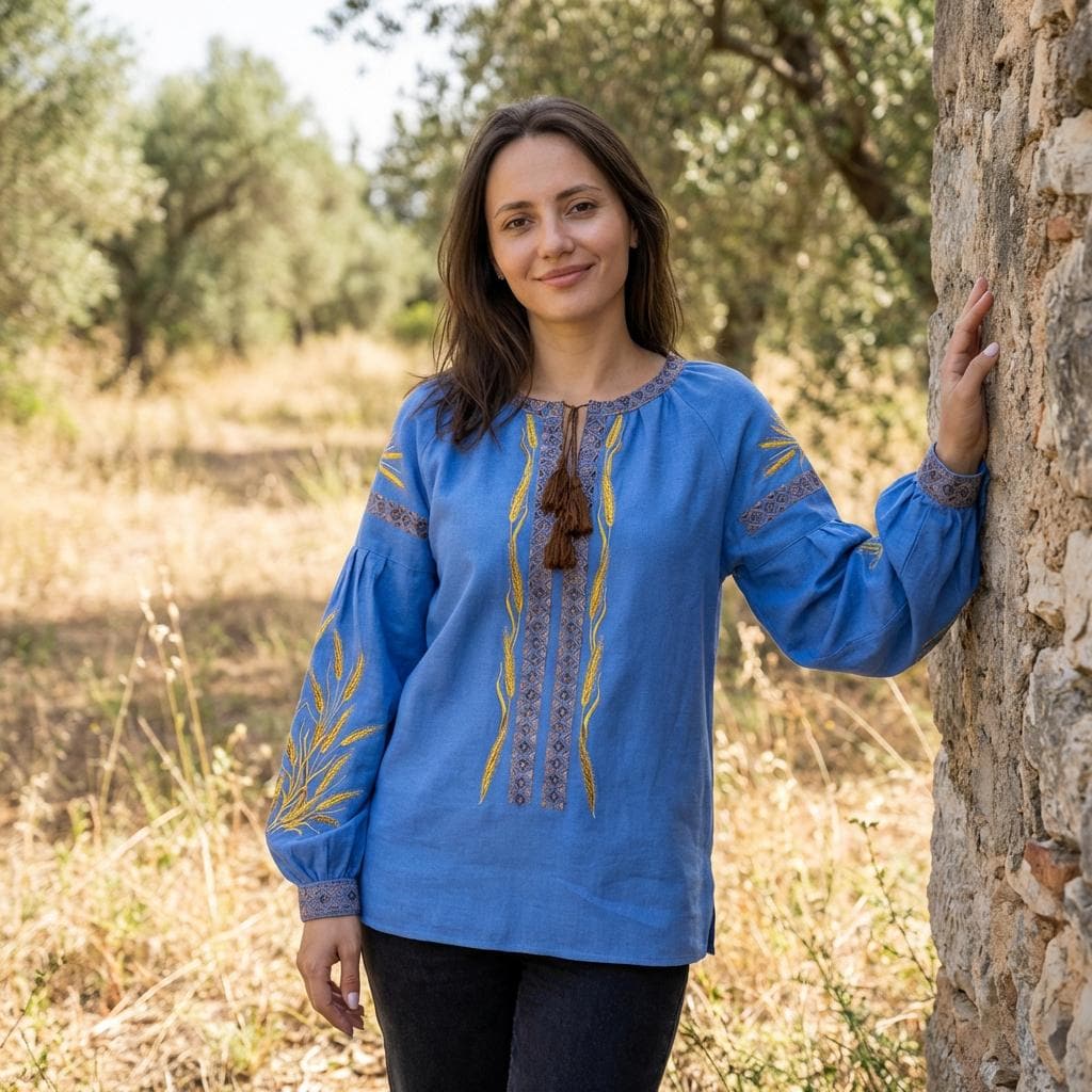Blue Linen Viscose Blouse, Golden Wheat Embroidery, Ukrainian Vyshyvanka, Boho Peasant Top, Custom Fit Shirt