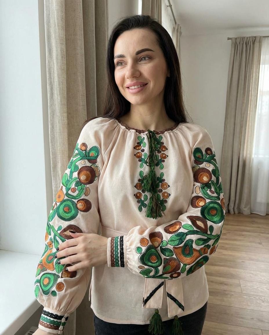 Kosiv Ceramic Style Blouse, Green and Brown Embroidery, Ukrainian Vyshyvanka, Soft Linen Blend Top, Custom Fit, Folk Art Shirt