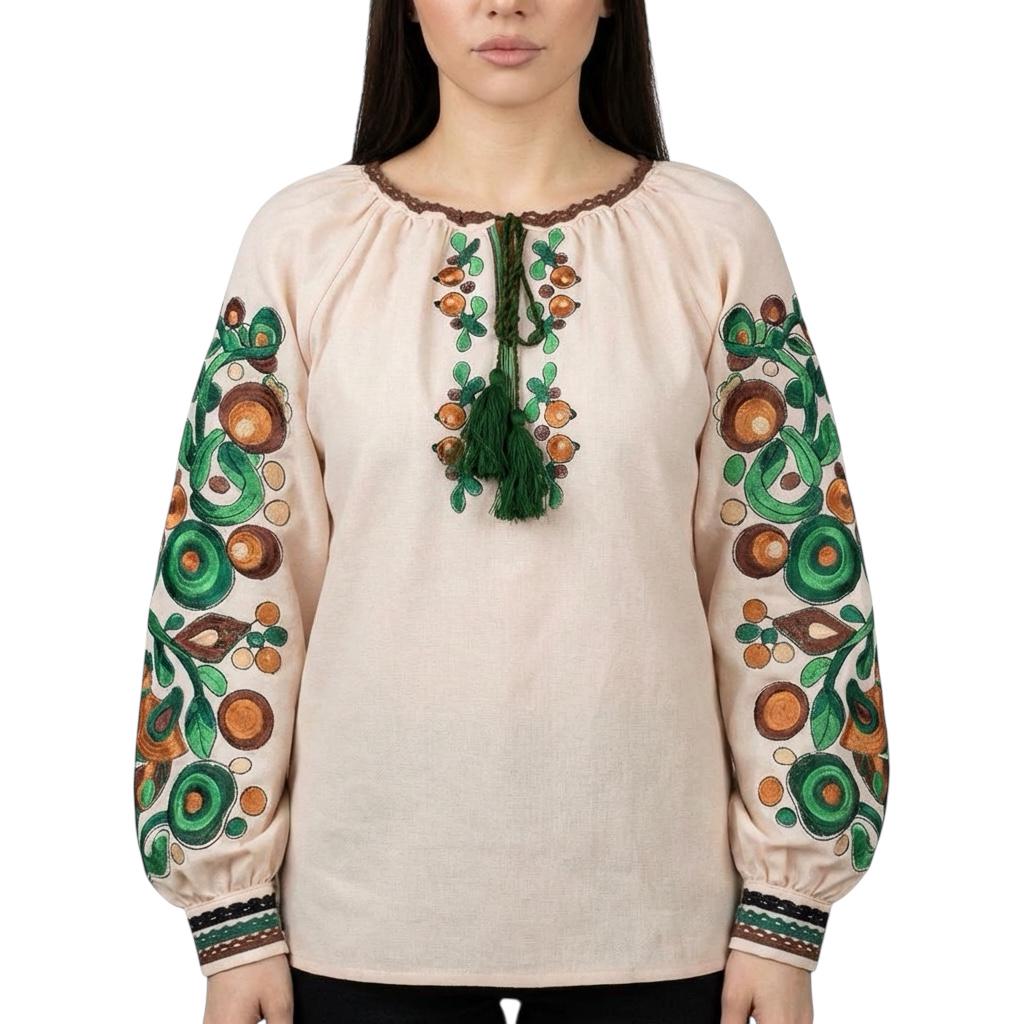 Kosiv Ceramic Style Blouse, Green and Brown Embroidery, Ukrainian Vyshyvanka, Soft Linen Blend Top, Custom Fit, Folk Art Shirt